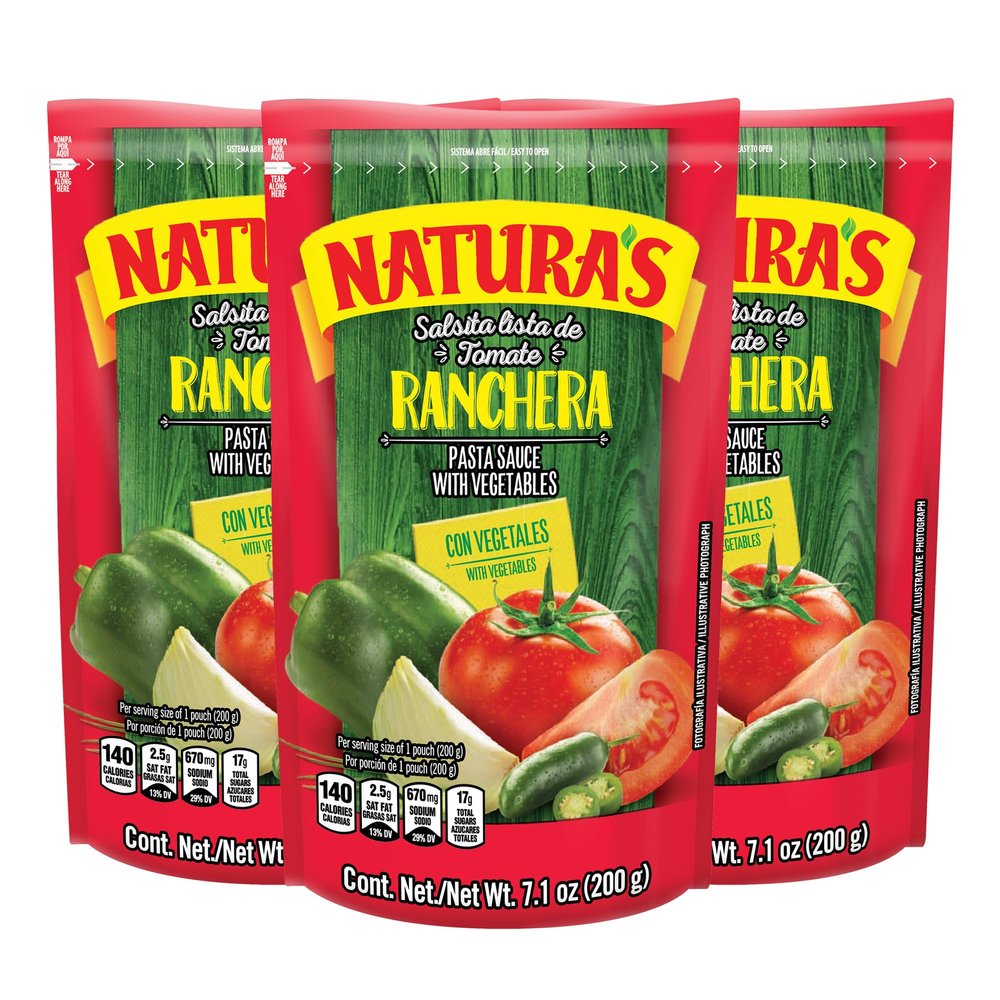 Natura's Salsa Ranchera, Heat-and-Eat Ranch Pasta Sauce in 7.1oz. Easy-Open Pouch (Pack of 3)