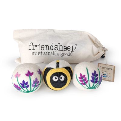 Friendsheep Wool Dryer Balls, Organic Reusable Fabric Softener Alternative for Laundry, Handmade, Fair Trade, Hypoallergenic, Eco-Friendly, Plastic-Free (3 Pack XL Lavender Fields Bee Flower)