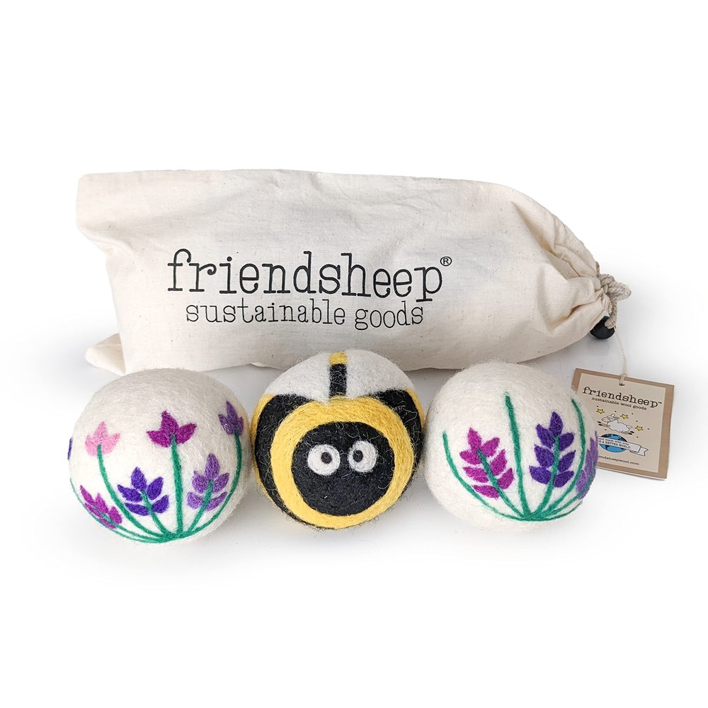 Friendsheep Wool Dryer Balls, Organic Reusable Fabric Softener Alternative for Laundry, Handmade, Fair Trade, Hypoallergenic, Eco-Friendly, Plastic-Free (3 Pack XL Lavender Fields Bee Flower)