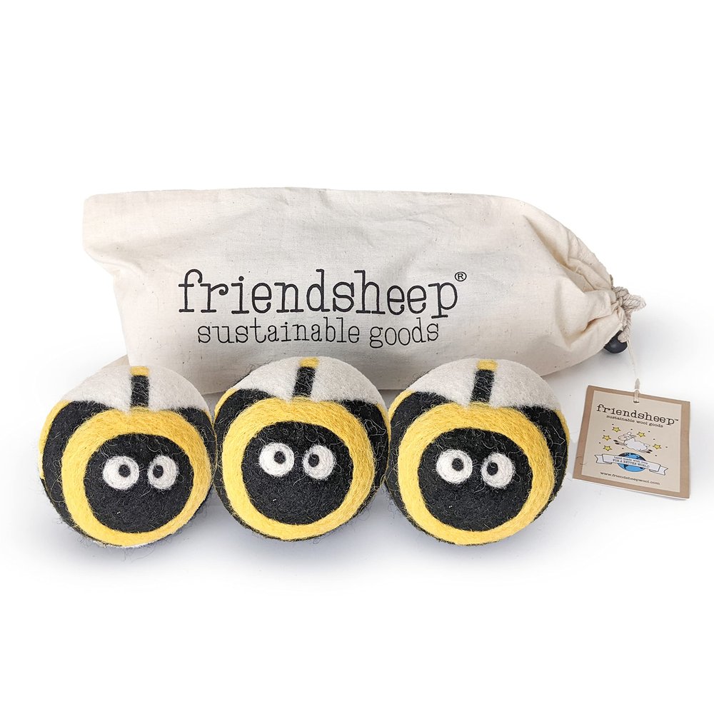 Friendsheep Wool Dryer Balls, Organic Reusable Fabric Softener Alternative for Laundry, Handmade, Fair Trade, Hypoallergenic, Eco-Friendly, Plastic-Free (3 Pack XL Honey Bee)