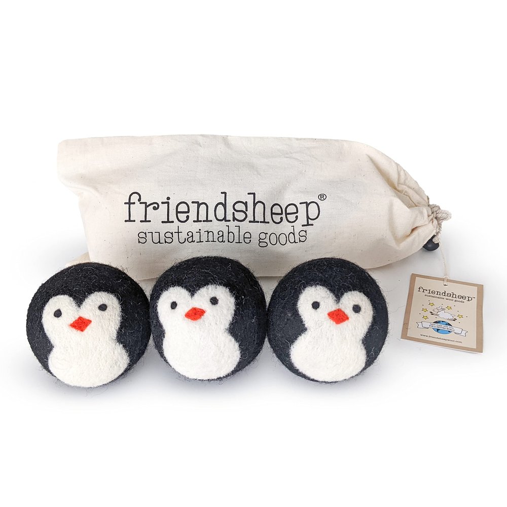 Friendsheep Wool Dryer Balls, Organic Reusable Fabric Softener Alternative for Laundry, Handmade, Fair Trade, Hypoallergenic, Eco-Friendly, Plastic-Free (3 Pack XL Penguin)