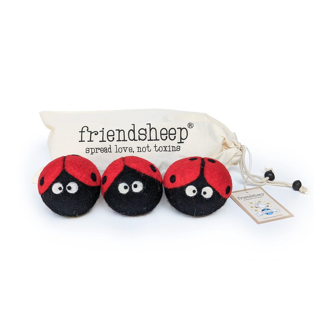 Friendsheep Wool Dryer Balls, Organic Reusable Fabric Softener Alternative for Laundry, Handmade, Fair Trade, Hypoallergenic, Eco-Friendly, Plastic-Free (3 Pack XL Ladybug)