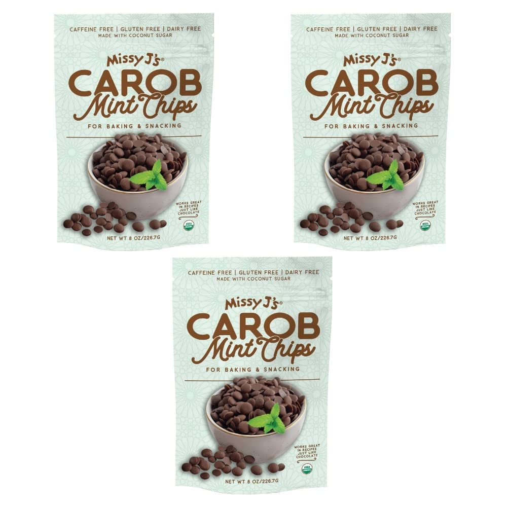 Missy J's Organic Mint Carob Chips 8 oz 3 Pack, Made with Coconut Sugar Vegan, Gluten and Caffeine Free Healthy Substitute for Chocolate, Perfect for Snacks and Treats