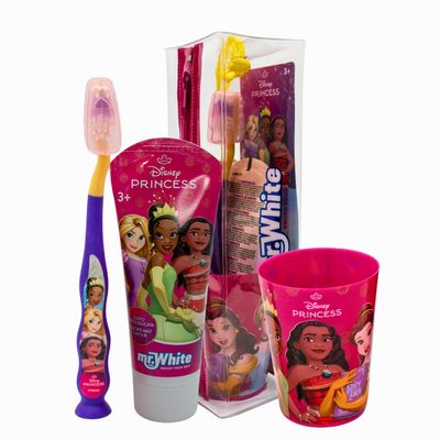 Mr.White Princess Pouch Set for Kids - Toothbrush with Suction Cup at The Base, Bristle Cover, Delicate Mint-Flavoured Children's Toothpaste, 75 ml Format and Glass