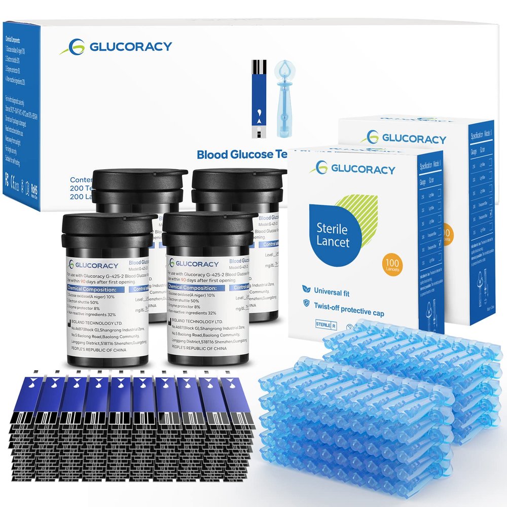 Blood Glucose Test Strips Set, 200 Test Strips & 200 Blood Lancets, Only Work with Glucoracy G-425-2/G-425 Blood Sugar Monitor, Self Diabetes Blood Glucose Home Monitoring, No Coding Required