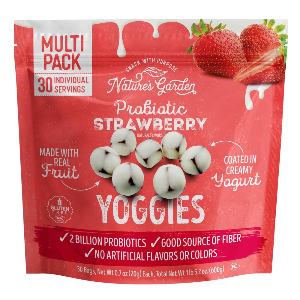 Nature's Garden Probiotic Strawberry Yoggies, 21oz (30 x 0.7oz), Yoggie Bites Strawberry Yogurt Covered Snack Pack, High Fiber, Delicious Real Fruit Pieces, No Artificial Flavors or Colors, Better-For-You Snack for Adults & Kids