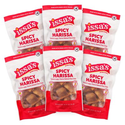 Issa's Pita Chips Lebanese Style Flame Baked Spicy Harissa Pita Chips | Kosher, Vegan, Crispy and Thin Pita Chips with No Preservatives | 6 Packs of 6oz Individual Bags of Pita Crisps