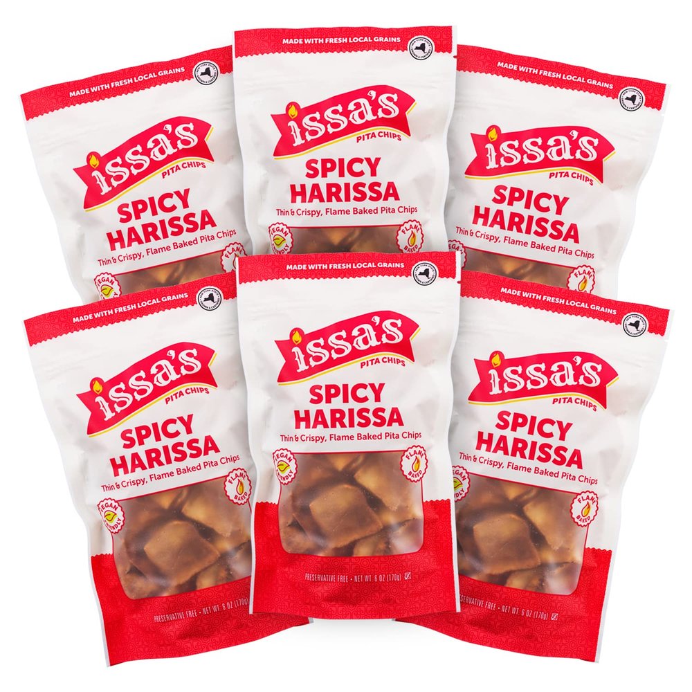 Issa's Pita Chips Lebanese Style Flame Baked Spicy Harissa Pita Chips | Kosher, Vegan, Crispy and Thin Pita Chips with No Preservatives | 6 Packs of 6oz Individual Bags of Pita Crisps