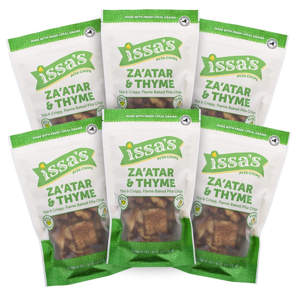 Issa's Pita Chips Lebanese Style Flame Baked Traditional Za'atar & Thyme Pita Chips | Kosher, Vegan, Crispy and Thin Pita Chips with No Preservatives | 6 Packs of 6oz Individual Bags of Pita Crisps