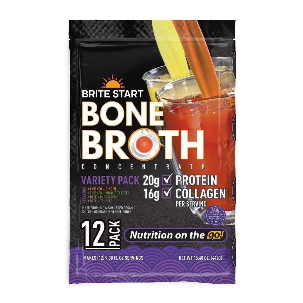 Brite Start Bone Broth - Variety Pack - 12 Count - Keto Friendly Concentrate with 16g Collagen, 20g Paleo Protein - Made from Free Range Chicken Bones & Grass Fed Beef - Single Serve Packets