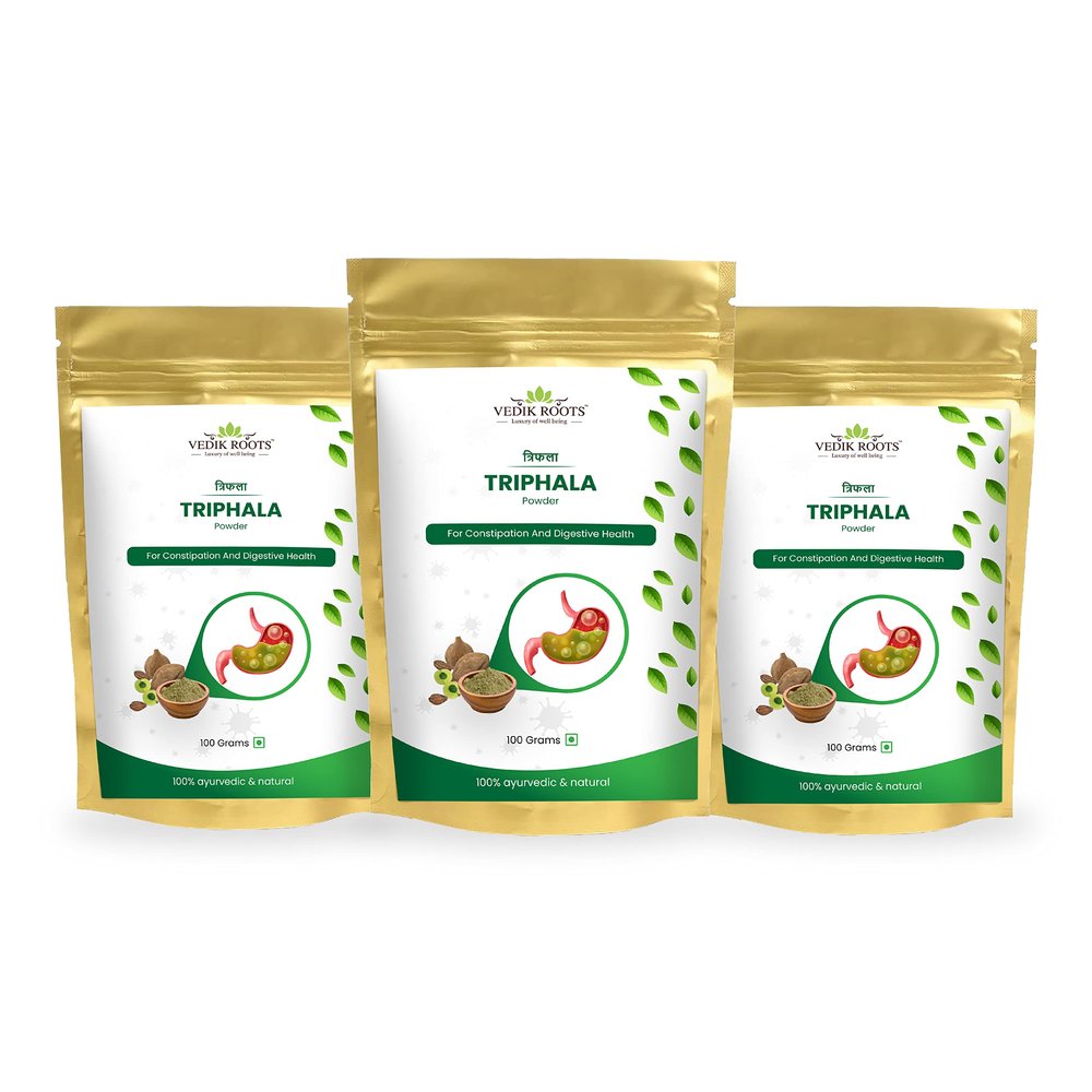 VEDIKROOTS Triphala Powder  Organic Formula of Amla, Haritaki & Bibhitaki  for Daily Detoxifying, Cleansing & Rejuvenation*  Maintains Regularity (3.52 Ounce) (100Gm) (Pack of 3)