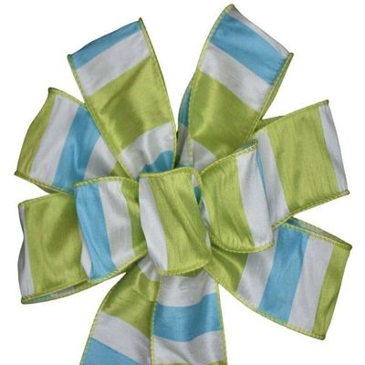 1 Pcs Small 5-6" Hand Made Aqua and Lime Wired Bow Stripe Spring Easter Summer Green