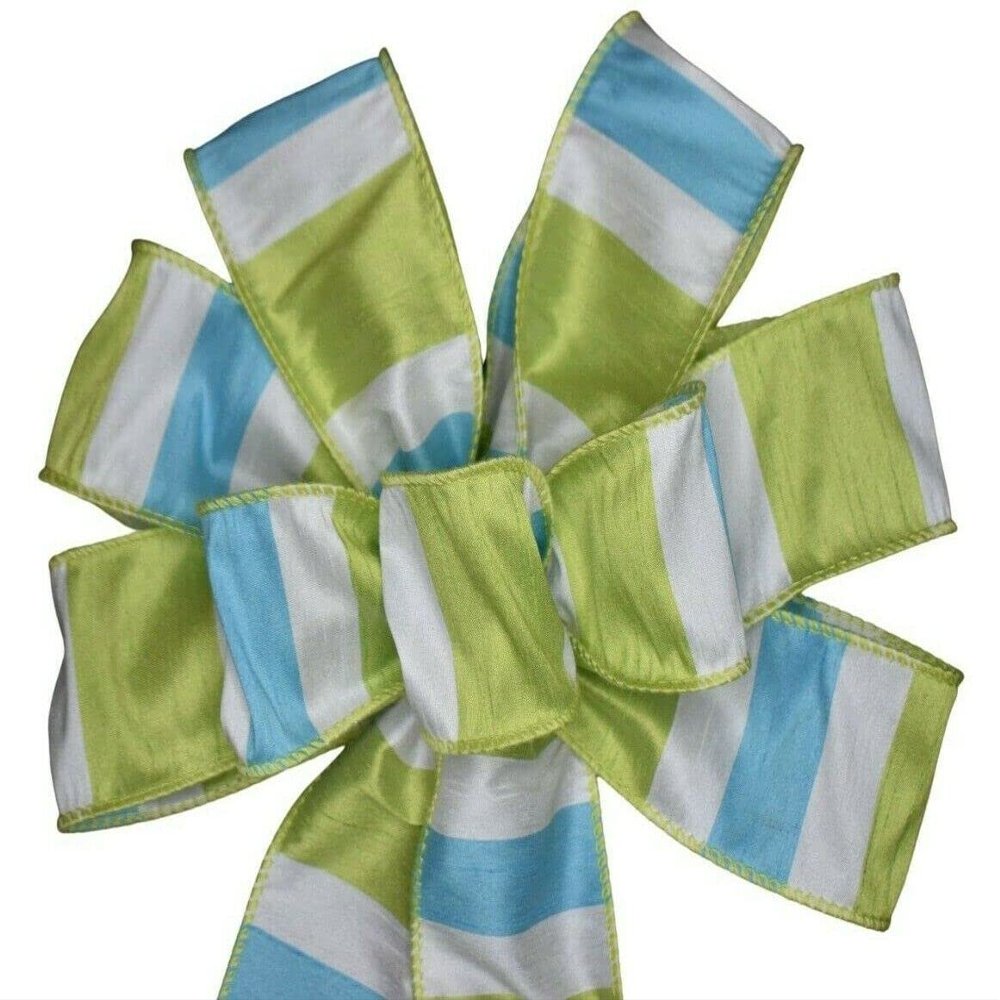 1 Pcs Small 5-6" Hand Made Aqua and Lime Wired Bow Stripe Spring Easter Summer Green