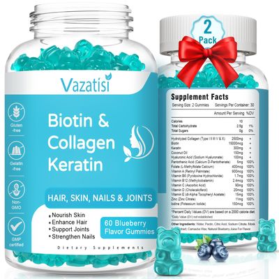 2 Pack Biotin Gummies with Collagen & Keratin for Hair Skin Nails- Women Men, Kids - 120 Blueberry Flavored Gummies