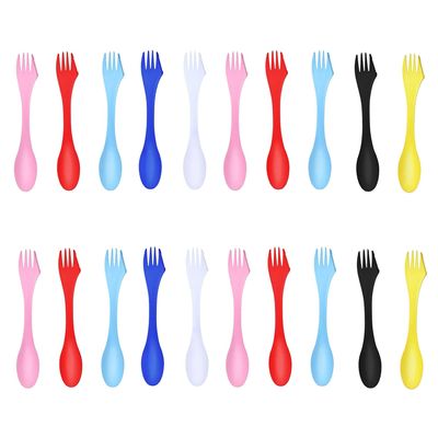 20 Pack Camping Forks, 3 in 1 Travel Spoon Fork Knife, 7 Inches Eco-Friendly Durable Plastic Sporks, 6 Colors Mixing Sporks for Backpacking Lunchbox
