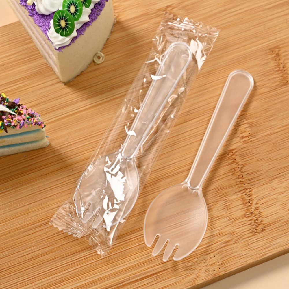 100PCS Disposable Sporks, Individually Wrappe Eco-Friendly Durable Plastic Spork, 2 in 1 Forks and Spoons Great for School Lunch, Picnics or Restaurant and Party Supply (Clear)