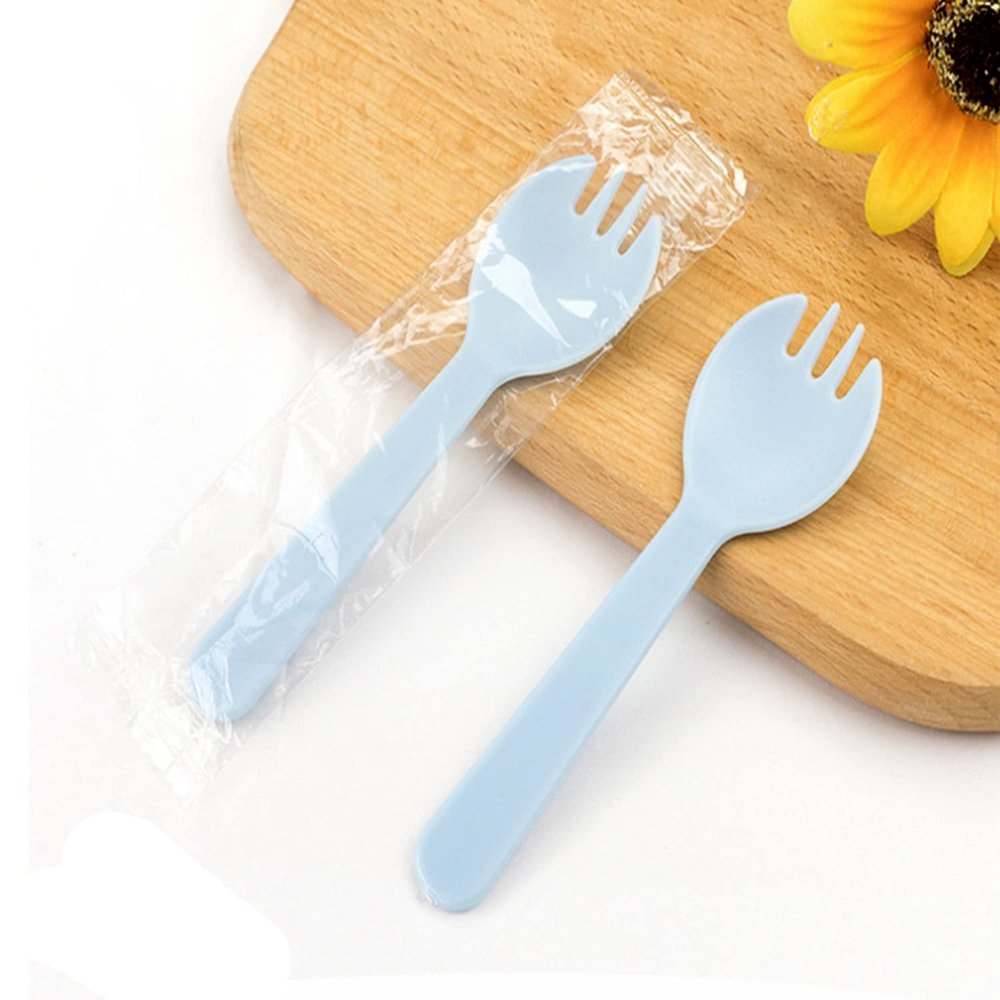 100PCS Disposable Sporks, Individually Wrappe Eco-Friendly Durable Plastic Spork, 2 in 1 Forks and Spoons Great for School Lunch, Picnics or Restaurant and Party Supply (Blue)