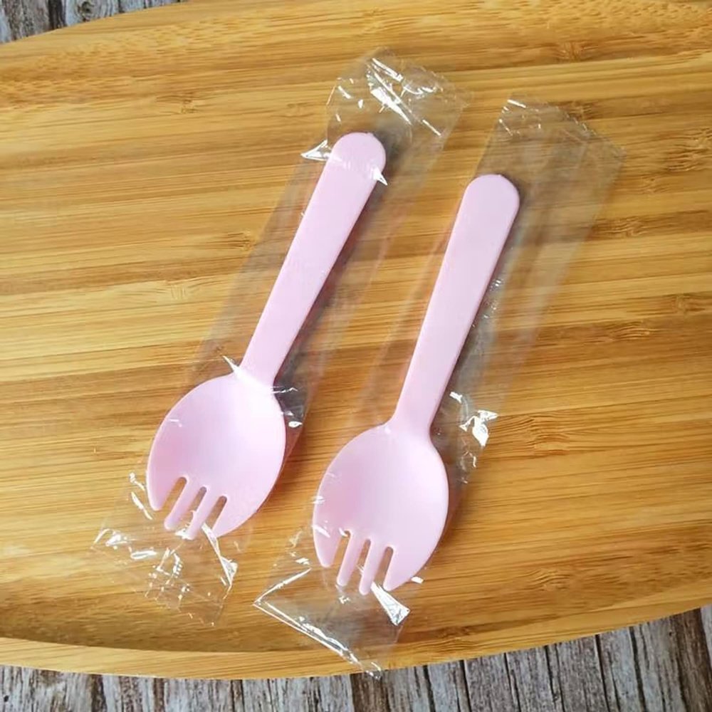 100PCS Disposable Sporks, Individually Wrappe Eco-Friendly Durable Plastic Spork, 2 in 1 Forks and Spoons Great for School Lunch, Picnics or Restaurant and Party Supply (Pink)