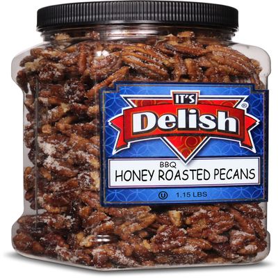 BBQ Honey Roasted Pecans by It's Delish, 1.15 LBS Reusable Jumbo Container | Gourmet Pecan Nuts in Honey Sugar Coating and Barbecue Seasoning, Sweet & Savory Nut Snack - Vegan, Kosher Parve