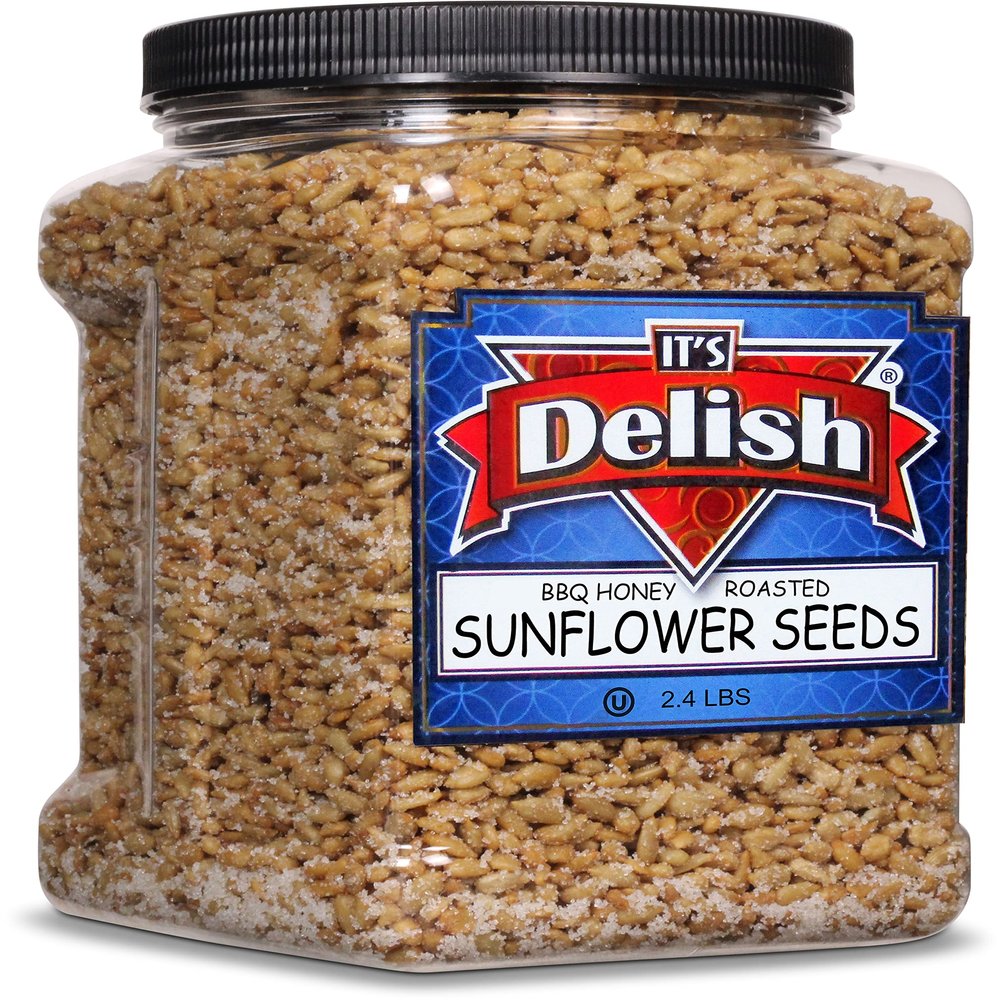 BBQ Honey Roasted Sunflower Seeds by It's Delish, 2.4 LBS Reusable Jumbo Container | Gourmet Sunflower Seeds in Honey Sugar Coating and Barbecue Seasoning, Sweet & Savory Seed Snack - Vegan, Kosher Parve