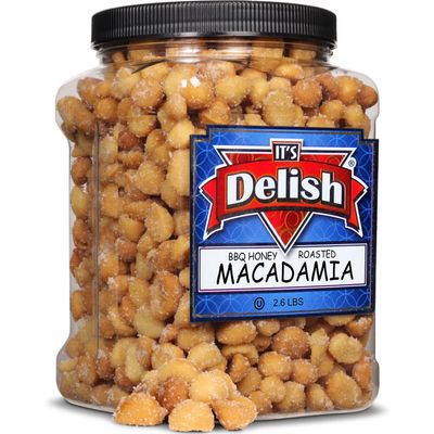 BBQ Honey Roasted Macadamia by It's Delish, 2.6 LBS Reusable Jumbo Container | Gourmet Macadamia Nuts in Honey Sugar Coating and Barbecue Seasoning, Sweet & Savory Nut Snack - Vegan, Kosher Parve