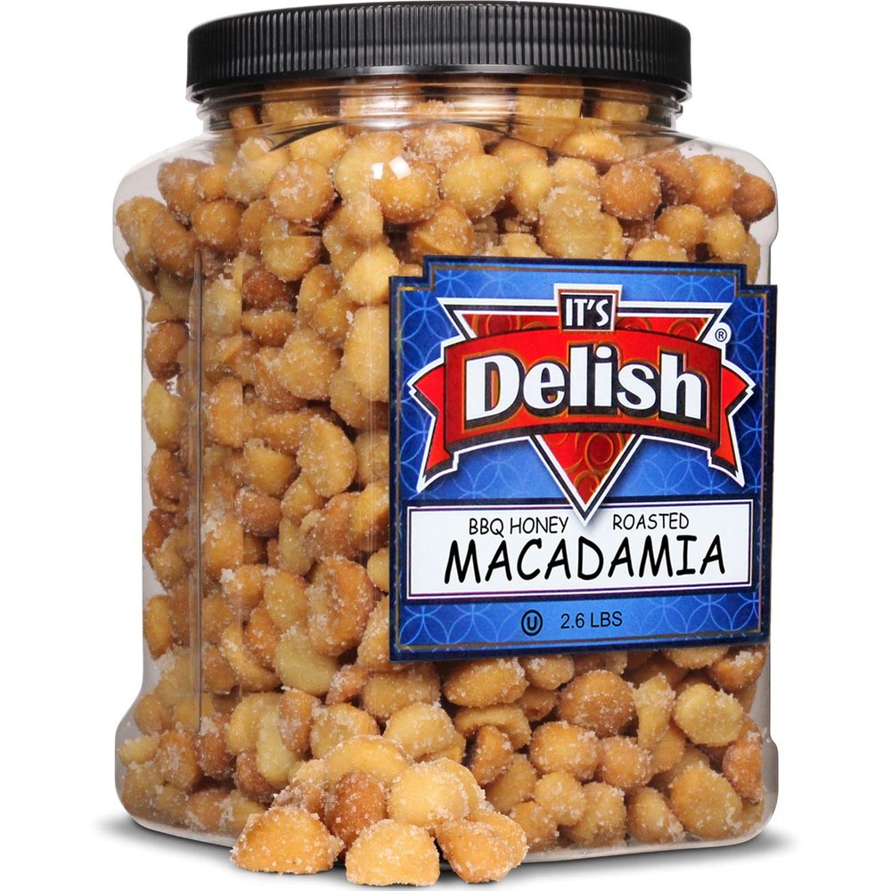 BBQ Honey Roasted Macadamia by It's Delish, 2.6 LBS Reusable Jumbo Container | Gourmet Macadamia Nuts in Honey Sugar Coating and Barbecue Seasoning, Sweet & Savory Nut Snack - Vegan, Kosher Parve