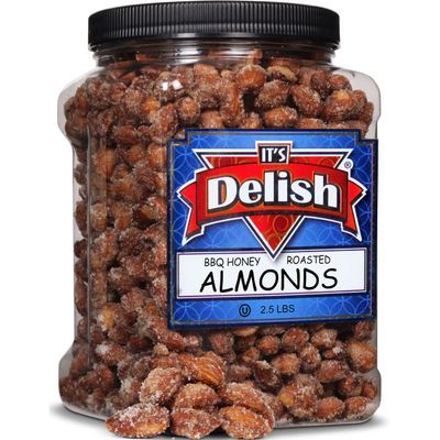 BBQ Honey Roasted Almonds by It's Delish, 2.5 LBS Reusable Jumbo Container | Gourmet Almonds in Honey Sugar Coating and Barbecue Seasoning, Sweet & Savory Seed Snack - Vegan, Kosher Parve