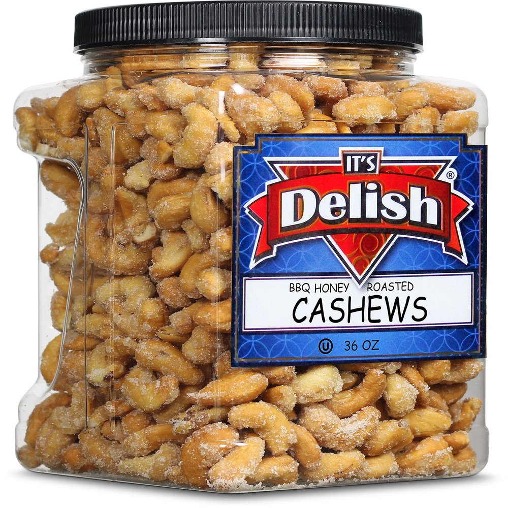 BBQ Honey Roasted Cashews by It's Delish, 36 Oz Reusable Jumbo Container| Gourmet Cashew Nuts in Honey Sugar Coating and Barbecue Seasoning, Sweet & Savory Nut Snack - Vegan, Kosher Parve