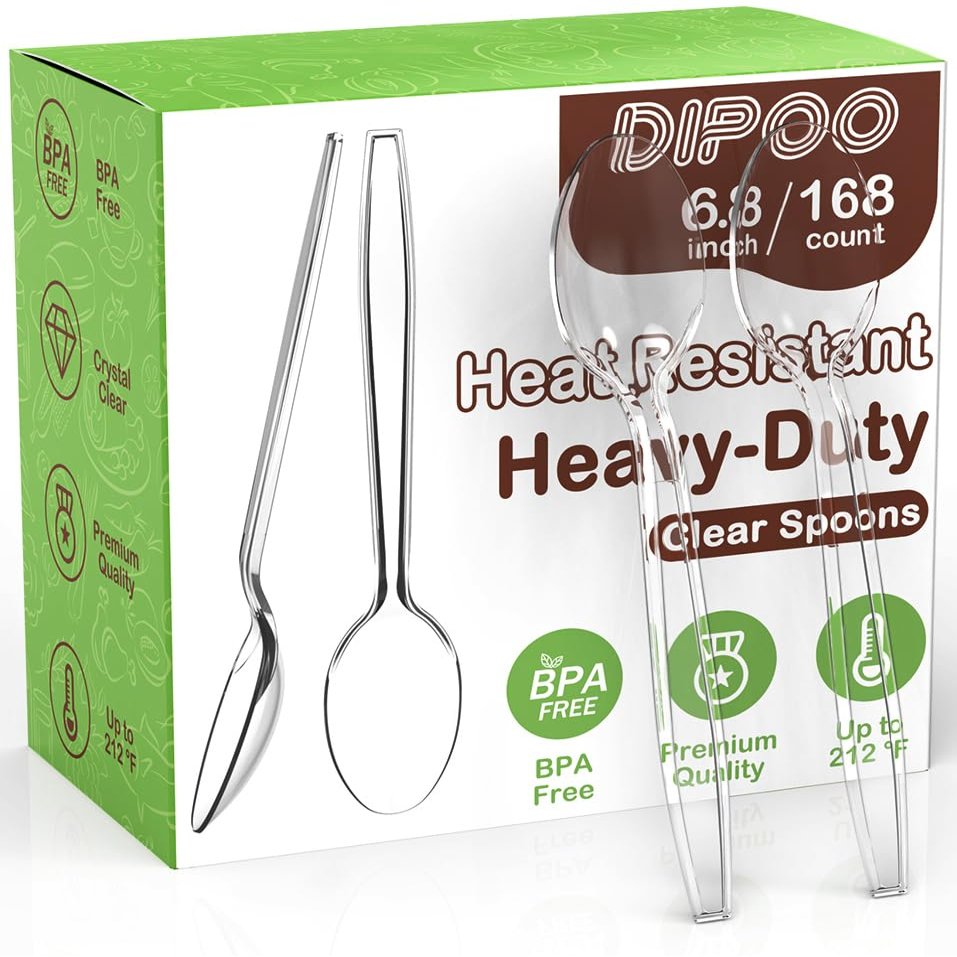 168pc 6.8" Clear Plastic Spoons Heavy Duty with Heat Resistant & BPA Free, Solid and Durable Plastic Cutlery, Premium Disposable Spoons for Party Supply