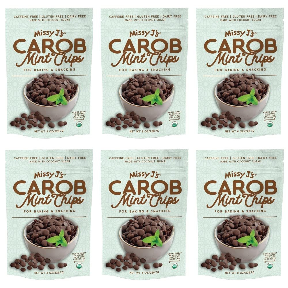 Missy J's Organic Mint Carob Chips 8 oz 6 Pack | Made with Coconut Sugar Vegan, Gluten and Caffeine Free Healthy Substitute for Chocolate, Perfect for Snacks and Treats, Personalized Gift