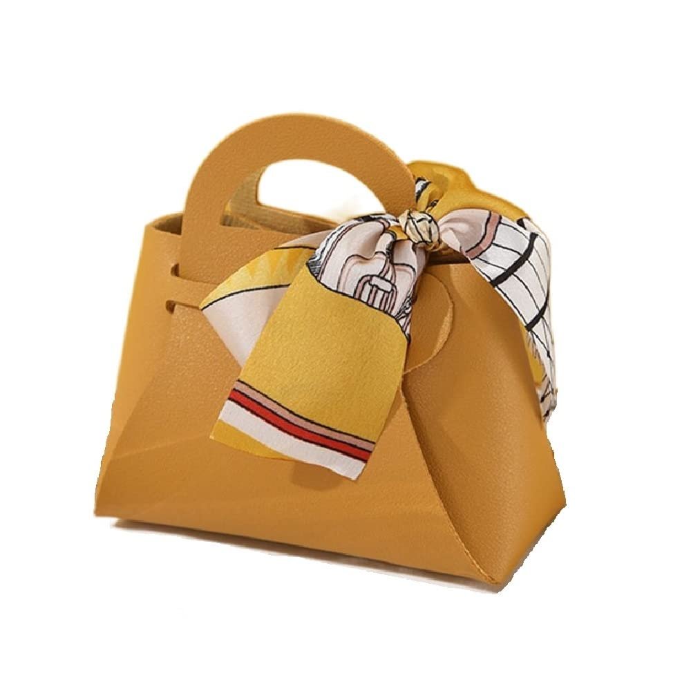 5Pcs Mini Handbag Shape Leather Gift Box, Ribbon Elegant Gift Bags with Bow, Candy Box Gift Bags Gift Wrap Bags For Wedding Birthday (yellow)