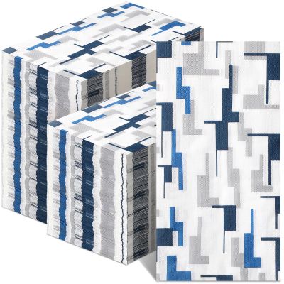 Panelee 200 Pcs Geometric Navy Blue and White Napkins Disposable Guest Napkins Modern Design for Bathroom Kitchen Wedding Holiday Birthday Party Bridal & Baby Shower Supplies