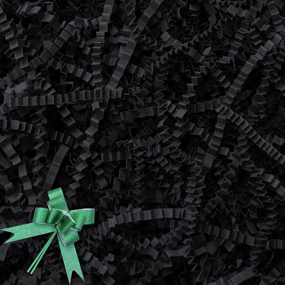 BOXHOME Shred Paper Filler (1LB) Crinkle Cut Paper for Wrapping & Filling Gift Basket Gift Boxes, Black-Decoration Raffia Contains Bow