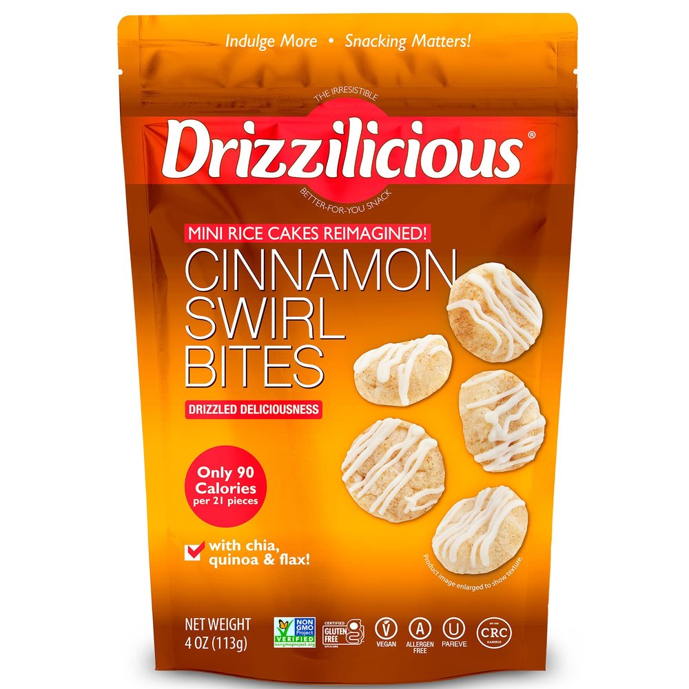 Drizzilicious Mini Flavored Rice Cakes Cinnamon Swirl - Rice Crisps, Healthy Snack for Adults and Kids, Vegan, Gluten Free Snack, Allergen Free, Only 90 Calories Per 21 Pieces - 4 oz (Pack of 1)