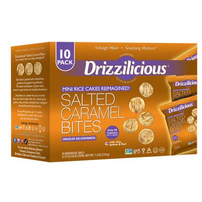Drizzilicious Mini Flavored Rice Cakes Salted Caramel - Rice Crisps, Healthy Snack for Adults and Kids, Vegan, Gluten Free Snack, Allergen Free, Only 90 Calories Per Bag - 0.74 oz (Pack of 10)