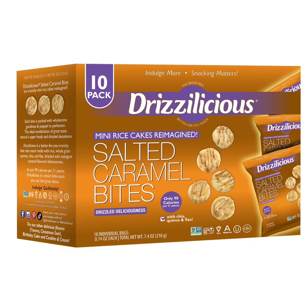 Drizzilicious Mini Flavored Rice Cakes Salted Caramel - Rice Crisps, Healthy Snack for Adults and Kids, Vegan, Gluten Free Snack, Allergen Free, Only 90 Calories Per Bag - 0.74 oz (Pack of 10)