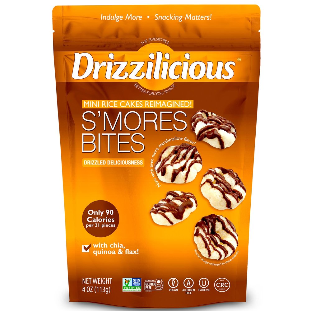 Drizzilicious Mini Flavored Rice Cakes S'mores - Rice Crisps, Healthy Snack for Adults and Kids, Vegan, Gluten Free Snack, Allergen Free, Only 90 Calories Per 21 Pieces- 4 oz (Pack of 1)