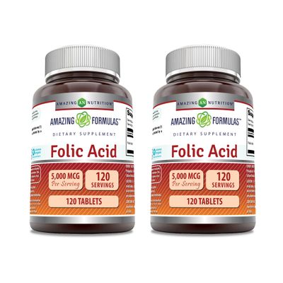 Amazing Formulas Folic Acid 5000 Mcg per Serving | Tablets Supplement | Non-GMO | Gluten-Free | Made in USA (2 Pack | 120 Count)