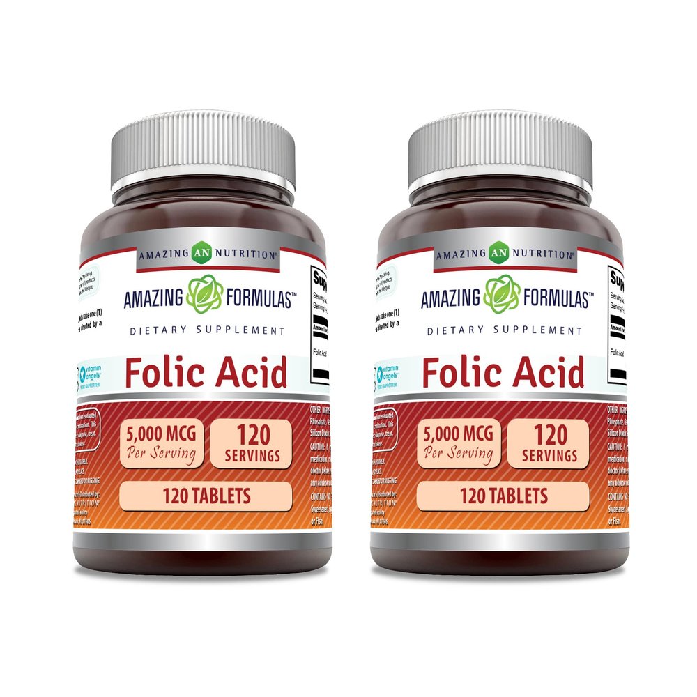 Amazing Formulas Folic Acid 5000 Mcg per Serving | Tablets Supplement | Non-GMO | Gluten-Free | Made in USA (2 Pack | 120 Count)