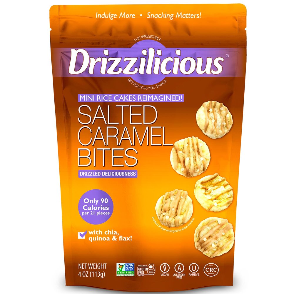 Drizzilicious Mini Flavored Rice Cakes Salted Caramel - Rice Crisps, Healthy Snack for Adults & Kids, Vegan, Gluten Free Snack, Allergen Free, 90 Calories Per 21 Pieces - 4 oz (Pack of 1)