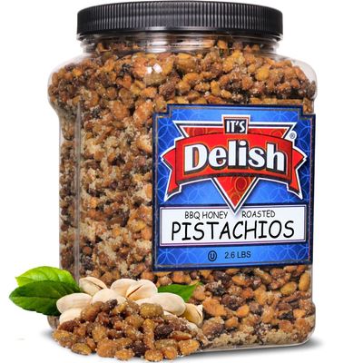 BBQ Honey Roasted Pistachio (Shelled, No Shell) by It's Delish, 2.6 LBS Reusable Jumbo Container | Gourmet Pistachio (Shelled, No Shell) in Honey Sugar Coating and Barbecue Seasoning, Sweet & Savory Seed Snack - Vegan, Kosher Parve
