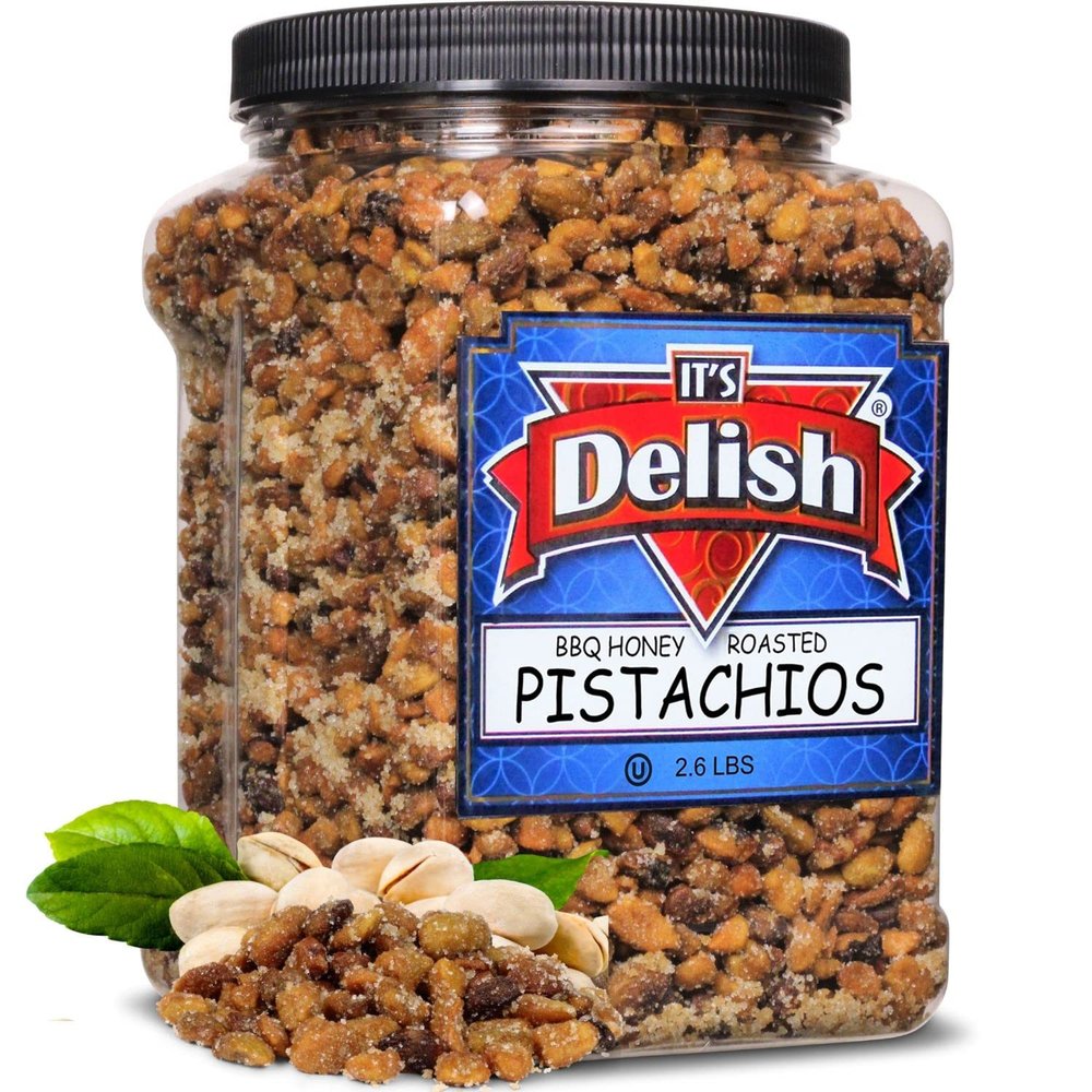 BBQ Honey Roasted Pistachio (Shelled, No Shell) by It's Delish, 2.6 LBS Reusable Jumbo Container | Gourmet Pistachio (Shelled, No Shell) in Honey Sugar Coating and Barbecue Seasoning, Sweet & Savory Seed Snack - Vegan, Kosher Parve