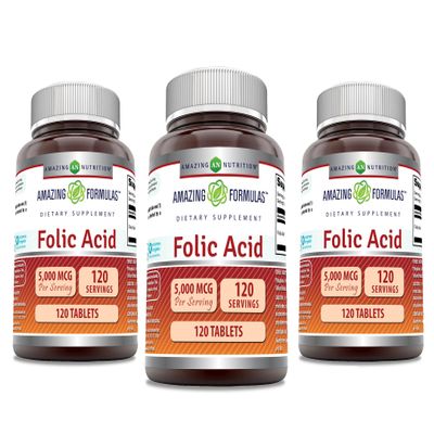 Amazing Formulas Folic Acid 5000 Mcg per Serving | Tablets Supplement | Non-GMO | Gluten-Free | Made in USA (3 Pack | 120 Count)