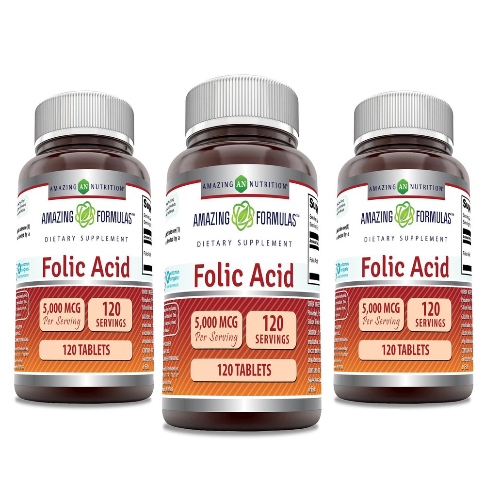 Amazing Formulas Folic Acid 5000 Mcg per Serving | Tablets Supplement | Non-GMO | Gluten-Free | Made in USA (3 Pack | 120 Count)