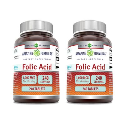 Amazing Formulas Folic Acid 1000 mcg (1 mg) Tablets Supplement | Vitamin B9 | Non-GMO | Gluten Free | Made in USA (240 Count | 2 Pack)