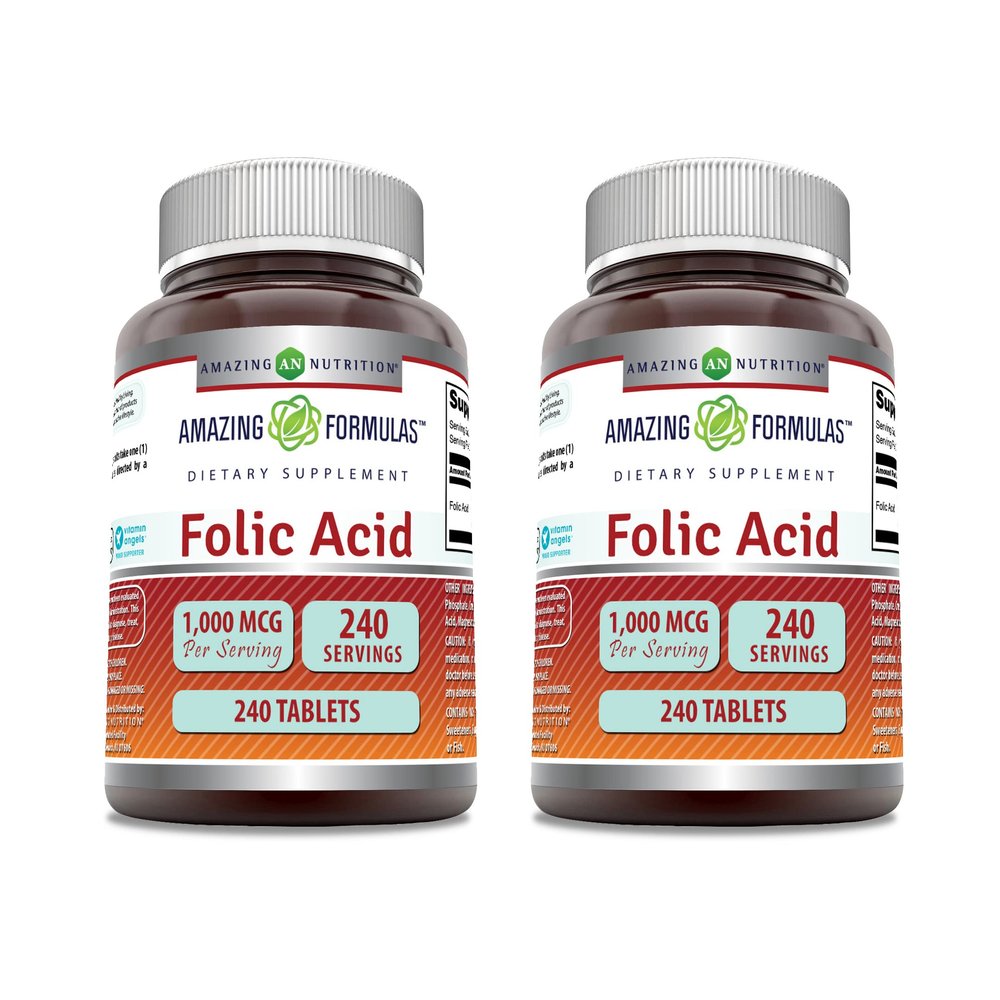 Amazing Formulas Folic Acid 1000 mcg (1 mg) Tablets Supplement | Vitamin B9 | Non-GMO | Gluten Free | Made in USA (240 Count | 2 Pack)