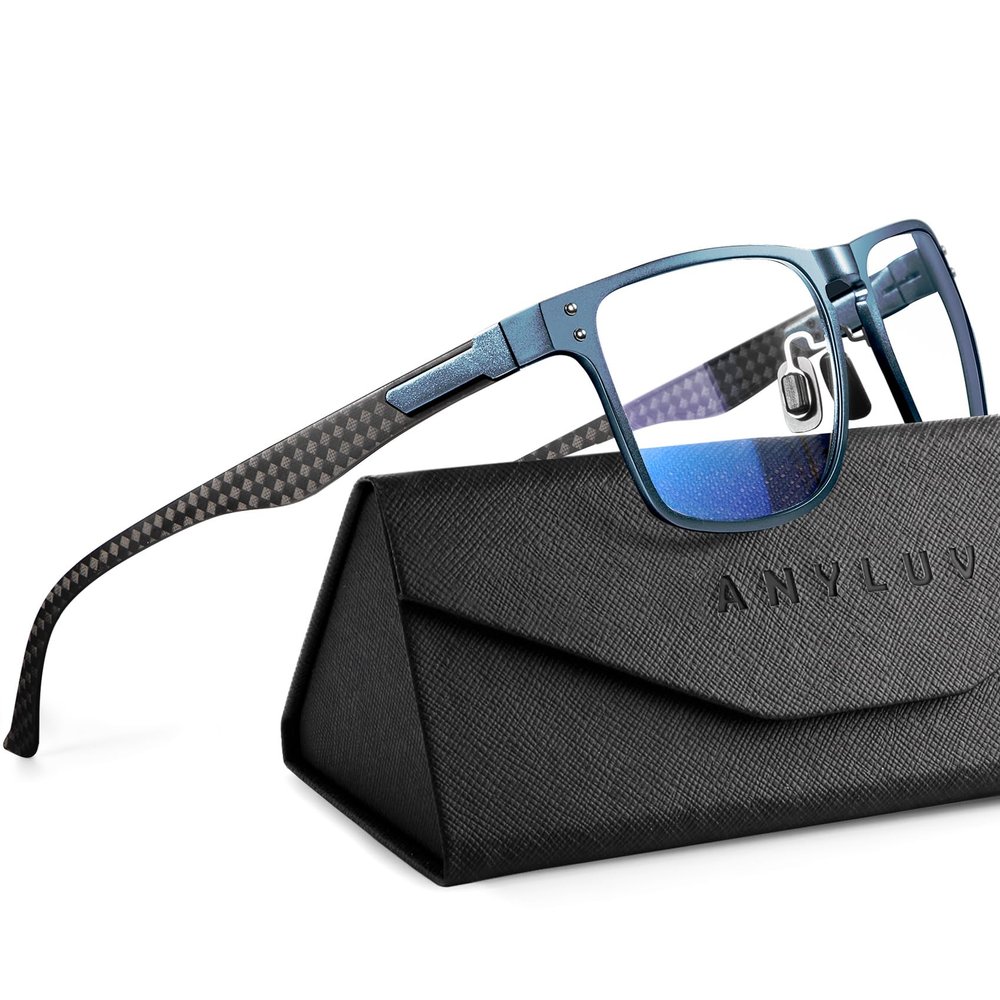 ANYLUV Blue Light Glasses Men/Women, Working Blue Light Blocking Glasses, Relieve Eyestrain-Carbon fiber Blue/Rivets