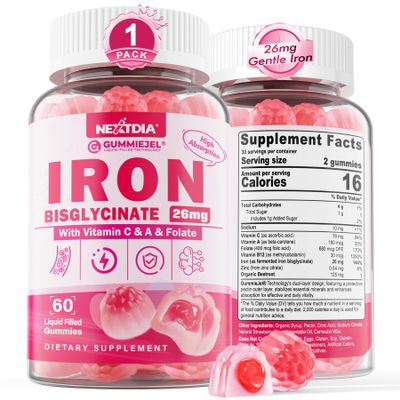 Iron Bisglycinate 26mg Filled Gummies - Gentle Beet Root Iron Gummy plus Vitamin C, Supplement Iron with B12 & Folate for Women & Men, Iron Deficiency, Immune & Energy Support, Sugar-Free, Vegan,60Cts
