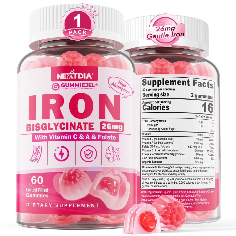 Iron Bisglycinate 26mg Filled Gummies - Gentle Beet Root Iron Gummy plus Vitamin C, Supplement Iron with B12 & Folate for Women & Men, Iron Deficiency, Immune & Energy Support, Sugar-Free, Vegan,60Cts