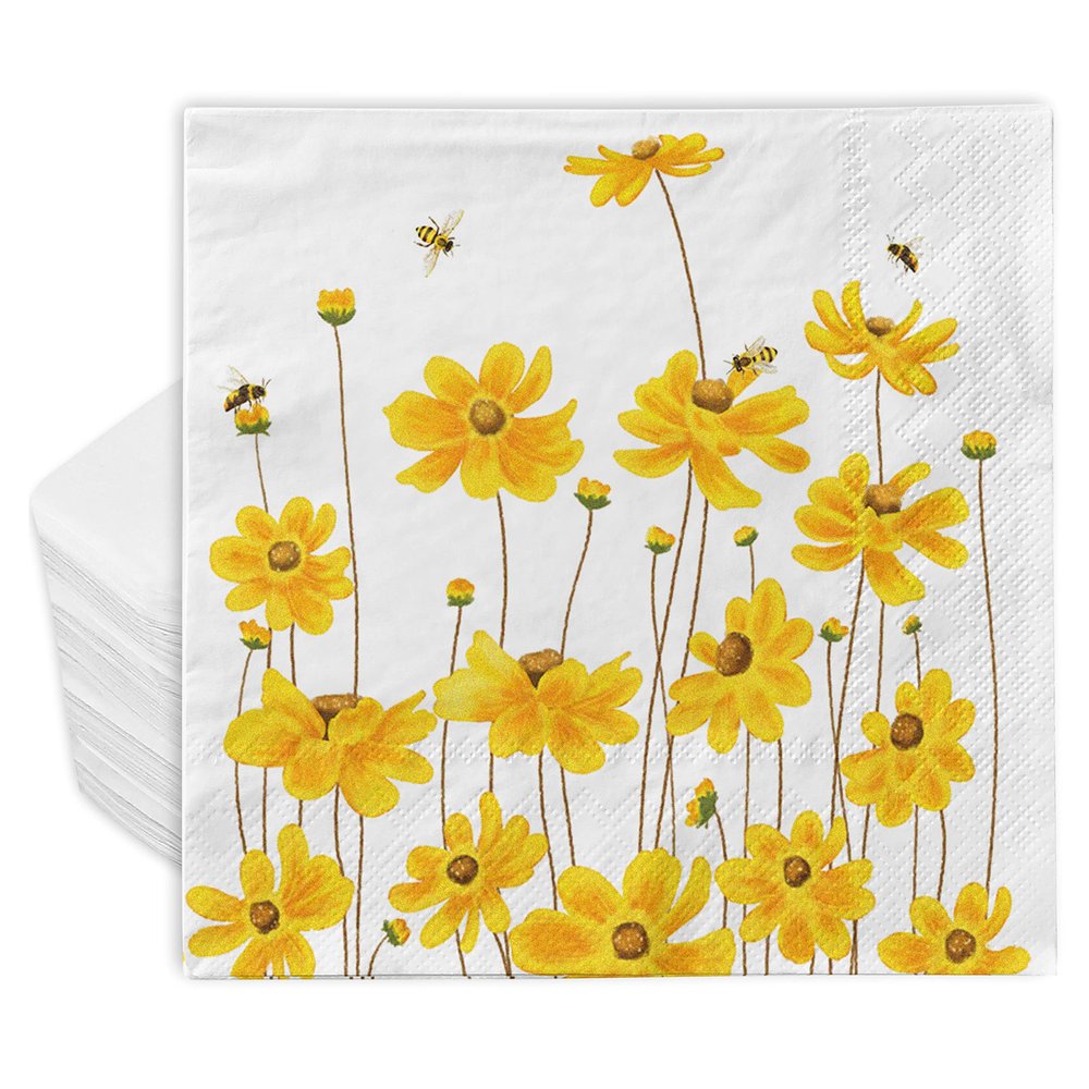 AnyDesign 80 Pack Calliopsis Paper Napkins Summer Flower Bee Dinner Napkins Yellow Floral Decorative Disposable Luncheon Hand Napkin for Spring Home Holiday Party Supplies, 6.5 x 6.5 Inch